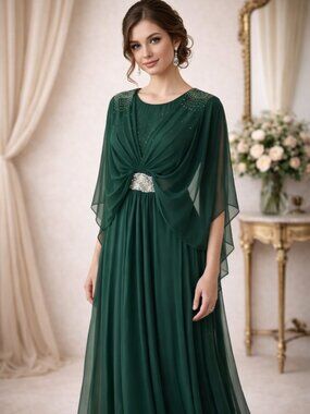 Emerald Green Chiffon Cape Jumpsuit with Embellished Waist